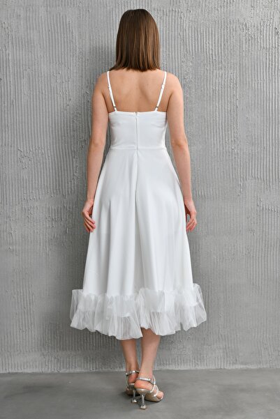lovebox Atlas Kumaş İnce Askılı Etek Kısmı Tül Detaylı Kloş Kesim Midi Boy Beyaz Abiye Elbise 9326