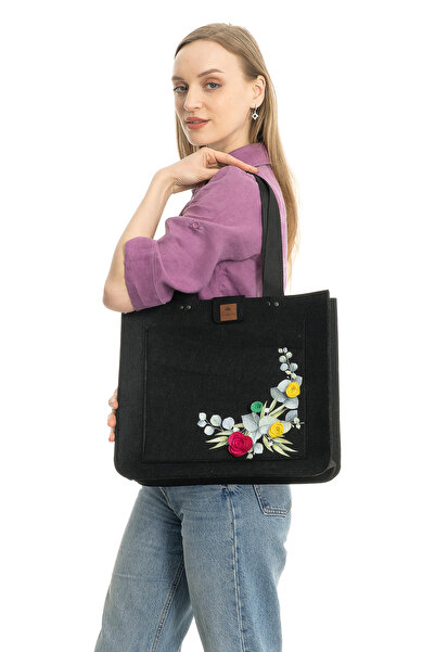 dilekolay حقيبة كتف كبيرة من اللباد مطبوع عليها زهور ثلاثية الأبعاد - وردة ال...