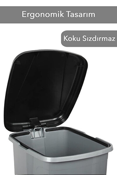 Meleni Home 15 Litre Pedallı Gri Banyo Mutfak Çöp Kovası Siyah Kapaklı Slim Pedallı Çöp Kovası