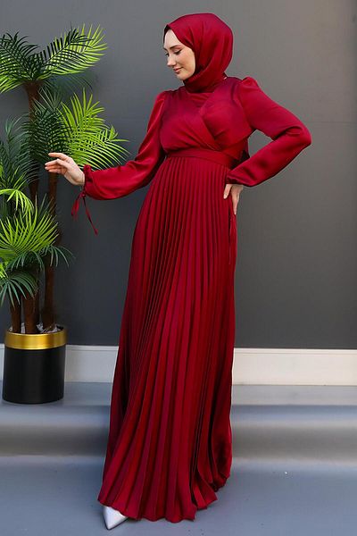 GİZ AGİYİM Sleeve Tied Pleated Dress Claret Red