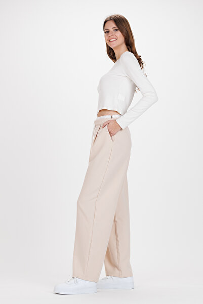 Ecrou Women's Beige Double Waisted Palazzo Trousers