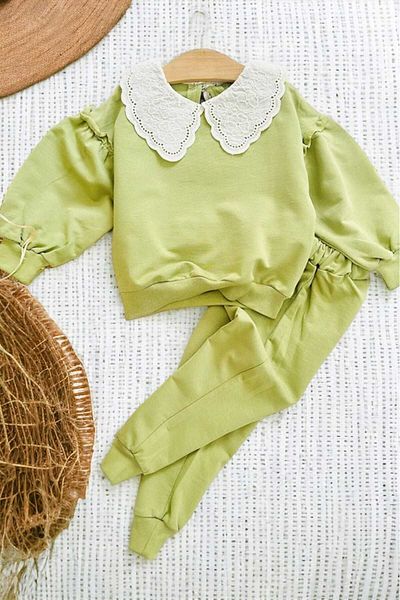 dinamik çocuk Girl's Embroidered Collar, Elastic Legs, Unprinted, Ruffle Detailed, Oversize, Two-Bottom-Top Children's Set