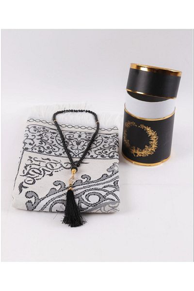 skycott Dowry Gift Boxed Prayer Rug Set Luxury Taffeta Prayer Rug, Pearl Rosary