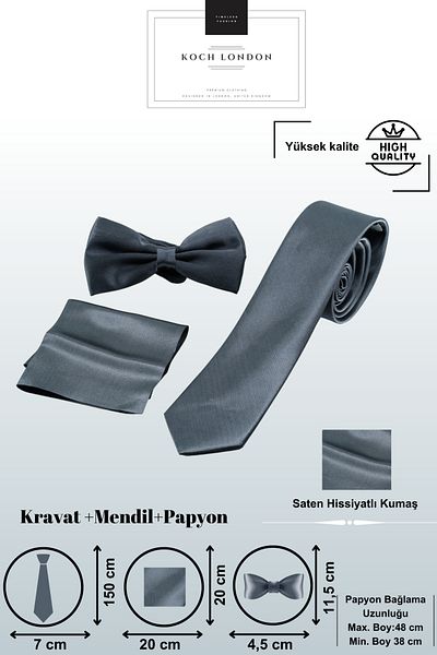 Koch London Standard Solid Color Satin Tie Handkerchief Bow Tie Set