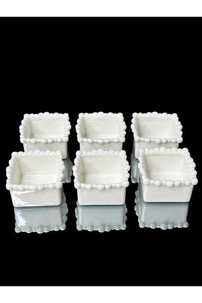 YzHome Set of 6 White Porcelain Beaded Square Presentation Bowl Plate Jam Sauce Bowl