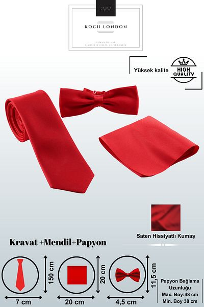 Koch London Standard Solid Color Satin Tie Handkerchief Bow Tie Set