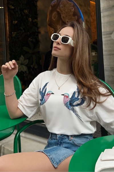 Bianco Lucci Γυναικείο μπλουζάκι από βαμβακερό χτενισμένο σχέδιο με πουλί