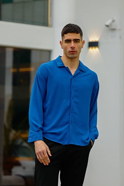 Riowela Erkek Yazlık Dokulu Oversize Gömlek Indigo Mavi