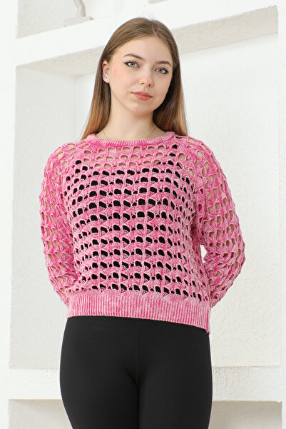 Zirve Kadın Yıkamalı Ajurlu Kalpli Triko Kazak