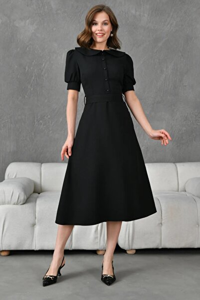 WOMAN VISION Guler șorț lat negru, mânecă cu balon scurt, evantaie, detaliată...