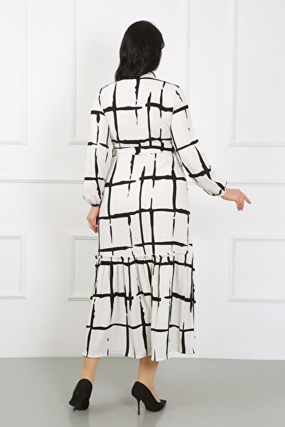 By Alba Collection Жіноче біле плаття з коміром-стійкою, довгими рукавами, з еластичною вставкою