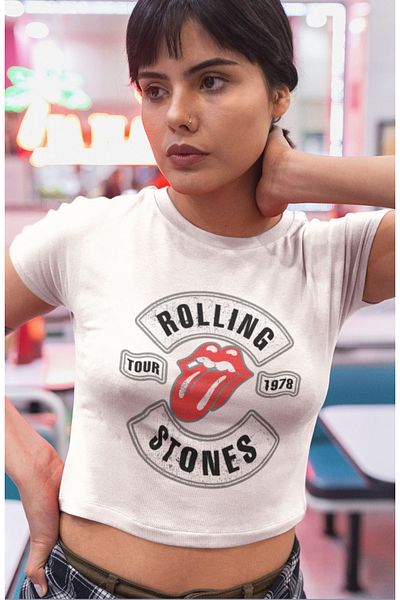 Fuddy Moda The Rolling Stones Printed Crop Top, Γυναικεία Crop Μπλούζα με ροκ θέμα