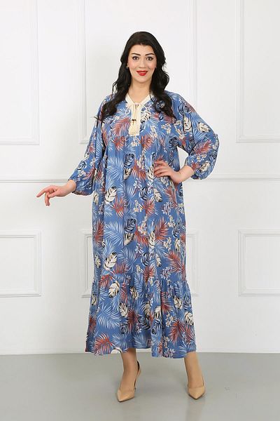 By Alba Collection Rochie de damă, cu model de frunze albastre, cu guler din dantelă, cu mânecă lungă, din bumbac, din viscoză