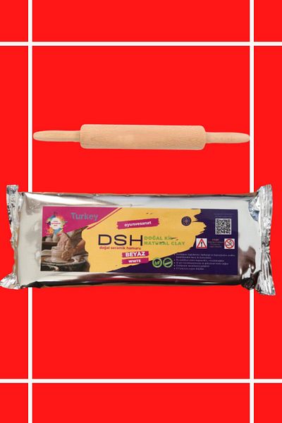 DSH Doğal Seramik Hamuru Ceramic Dough Starter Set 1 - With Wooden Roller (1000 Gr - 1kg White Color Natural Clay)