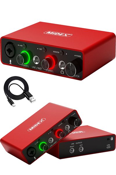 Midex بطاقة صوت استوديو USB من الجزء العلوي من GLX-700RD، 2 مدخل، 2 مخرج، 24 بت / 192 كيلو هرتز