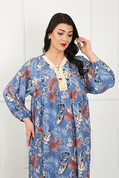 By Alba Collection Жіноче довге плаття великого розміру з коміром з мереживом та довгими рукавами з віскозної бавовни з синім візерунком у вигляді листя