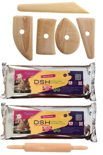 DSH Doğal Seramik Hamuru Ceramic Dough Starter Set 5- 5 flat basins, rolling pin, 2 pieces of 1000gr Natural Clay