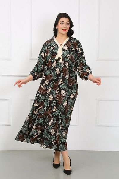 By Alba Collection Γυναικείο μαύρο φόρεμα με στάμπα με δαντέλα με μακρυμάνικο βαμβακερό βισκόζη
