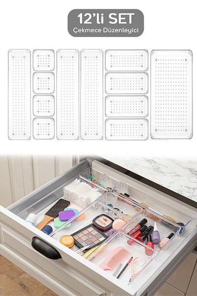 Meleni Home 12 Pieces Transparent Design Modular Storage Container - Drawer Organizer, Bathroom Makeup Jewelry Organizer