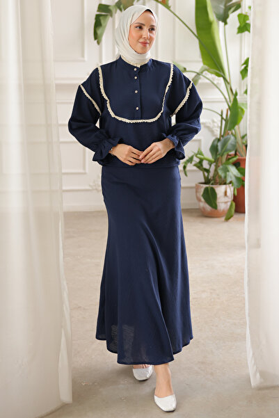 benguen 2078 Double Set with Knit Detail on the Collar Navy Blue