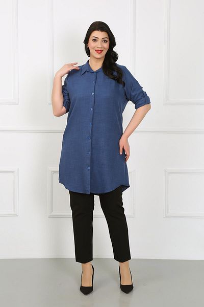 By Alba Collection Women's Navy Blue Soft Linen Large Size Tunic