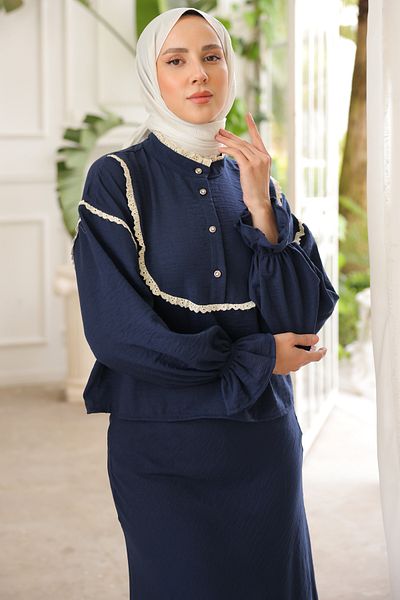 benguen 2078 Double Set with Knit Detail on the Collar Navy Blue