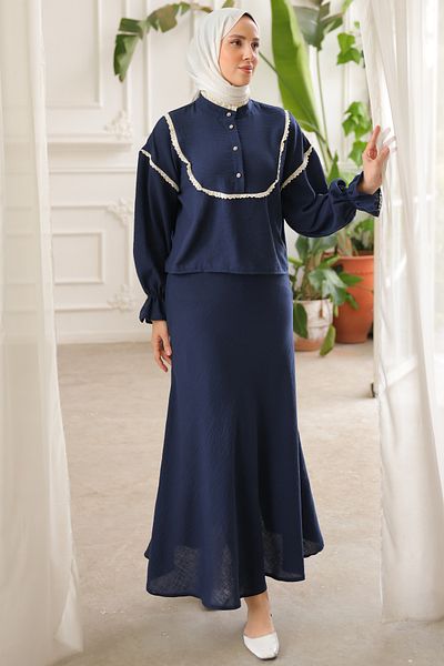 benguen 2078 Double Set with Knit Detail on the Collar Navy Blue