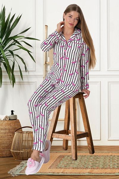 Mecit Pijama Βαμβάκι & βισκόζη, σχέδιο Flamingo, γιακάς πουκάμισου, μακρυμάνικο σετ γυναικείες πιτζάμες