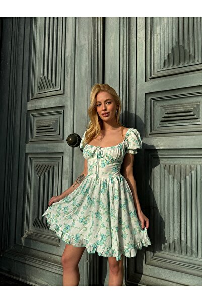 MY DEPO Kadın Göğsü Drapeli Çiçek Desenli Astarlı Mini Elbise