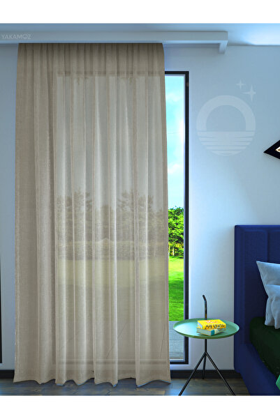 Yakamoz BEJ KETEN GÖRÜNÜMLÜ EKSTRAFORLU TÜL PERDE LİNEN TOUCH SERİSİ