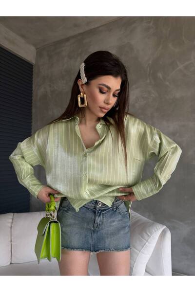 Siyah Kadınlar قميص مخطط من الساتان والياقوت النعناعي