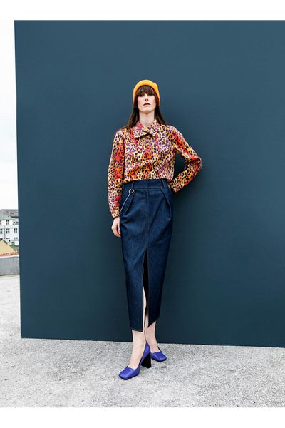 KAMEYA Midi Length Slit Denim Skirt