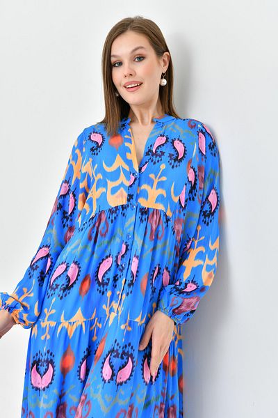 lovebox Rochie de vară albastră, cu modele etnice, cu nasturi, guler predominant, mânecă cu balon, lungime midi, cu croiala evazată lată 036