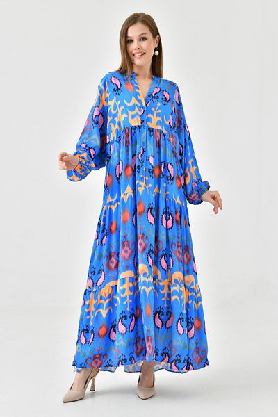 lovebox Rochie de vară albastră, cu modele etnice, cu nasturi, guler predominant, mânecă cu balon, lungime midi, cu croiala evazată lată 036