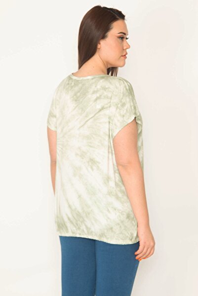 Şans Women's Large Size Green Tie-Dye Patterned Blouse with Stone on the Front and Skirt Lace-up Detail 65n32679