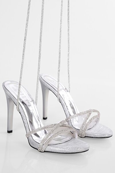 Shoeberry Kadın Linds Gümüş Simli Bağlı Topuklu Ayakkabı