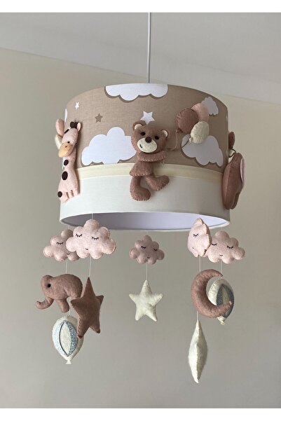 Leobabyroom Kahve Bulutlu Krem Şeritli Karışık Hayvan Figürlü Açık Pudra Renk Kombinli Bebek Odası Avize