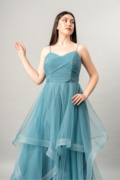 fevzuss Su Yeşili Tüllü Uzun Abiye