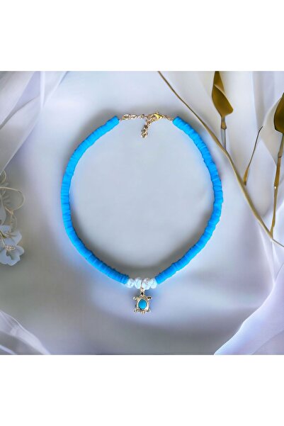 LeylanTakı Altın Kaplama Kolye Uçlu Barok Incili Mavi Fimo El Yapımı Kolye