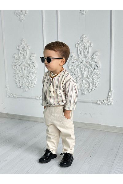 Ares Kids Fashion Light Cream Unisex Shirt and Pants Set - Striped Holiday Baby and Children's Clothing