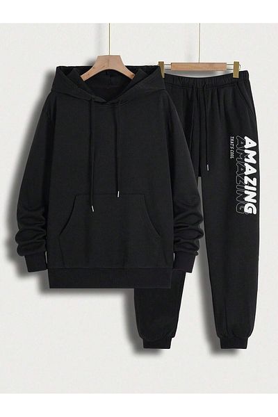 DAXİS Sportwear Company طقم بدلة رياضية كبيرة الحجم مطبوعة للرجال - بنطال رياضي بغطاء للرأس