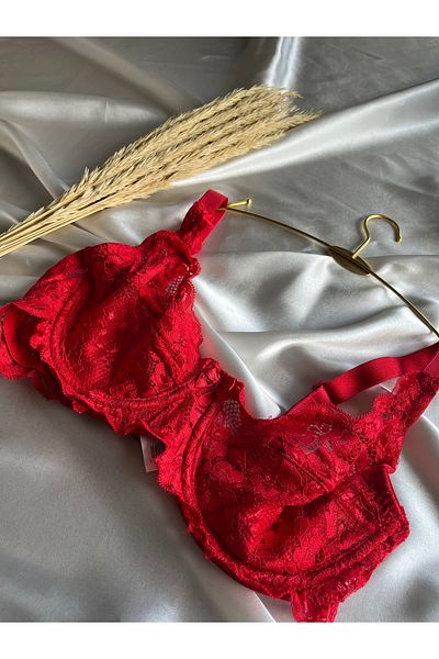 MODELLİFE B Cup Full Cup Lace Red Bra Underwire Unlined Wire Full Coverage Stylish and Gathering Bra
