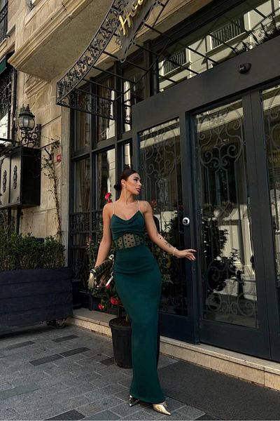GZMBUTİK Women's Emerald Green Stone Strap Transparent Waist Detailed Evening Dress
