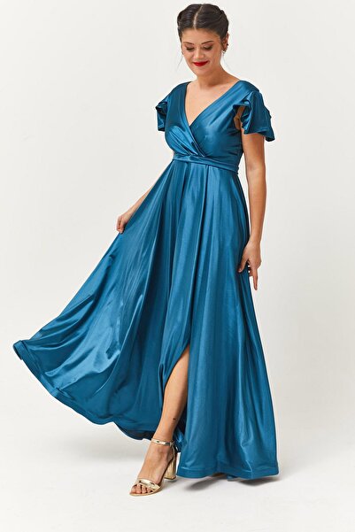 Ebsumu Women's Plus Size Slit Detailed Satin Long Turquoise Evening Dress & Evening Dress