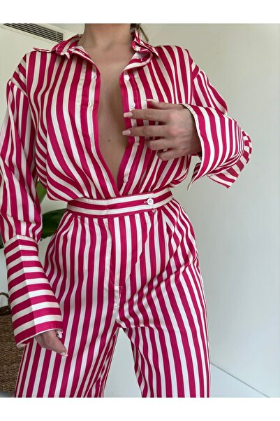 MOCCHI Saten Çizgili Gömlek Pantalon Takım