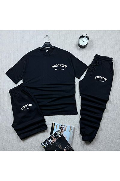 khufu Oversize Black Relaxed Fit Brooklyn Printed T-shirt Black Shorts and Sweatpants 3-Piece Set Unisex