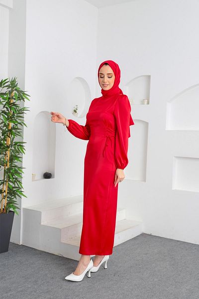 Tesettür Diyarı Zra Model Side Tie Satin Evening Dress Red