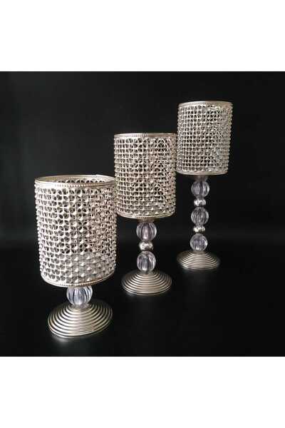 HİLALKRİSTAL 3 lü Salon Şamdan Mumluk Set -Gümüş