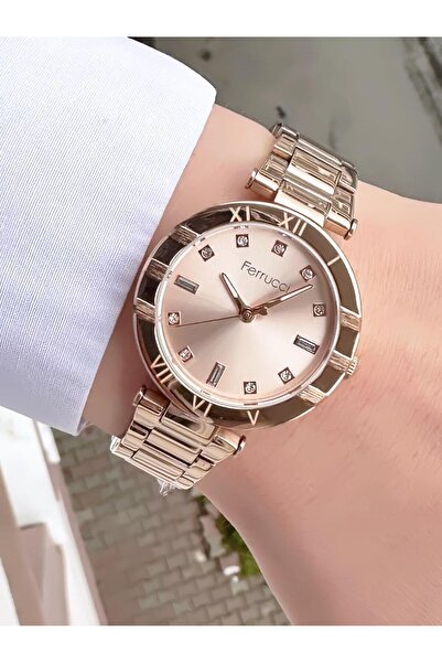 Ferrucci Kadın Rose Taşlı Kadran Metal Kordon Kol Saati - Romen Rakamlı Zarif Çerçeve