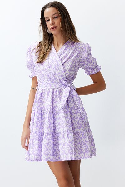 Trendyol Collection Rochie mini țesută cu deschidere în talie cu model etnic liliac TWOSS24EL00942